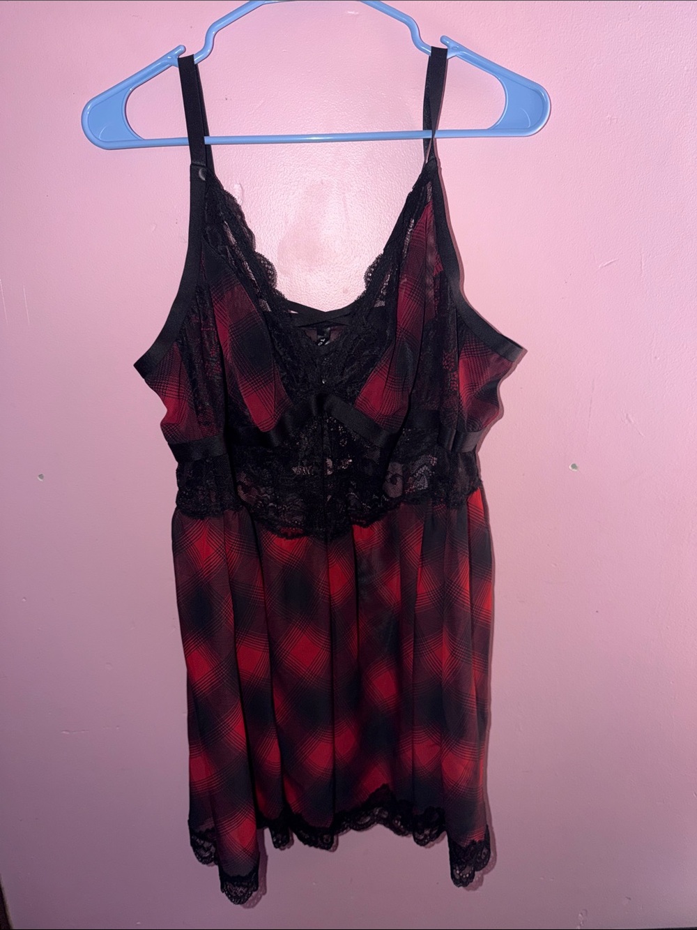Torrid Red & Black Plaid Lace-Trim Chemise
